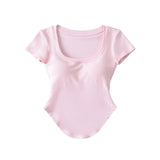 Pure U-Shaped Square Collar T-Shirt Curved Under The Hem Of Short-Sleeved T-Shirt