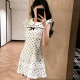 French Storm Point Lace Spliced Flying Flying Sleeve Dress Girl's Small Temperament Waist Bow Bow A Short Skirt