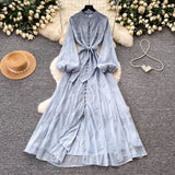 French Gentle Lantern Embroidered Dress Dress Female Spring Korean Version Of Waist Tie With Long Skirt Commuting Temperament