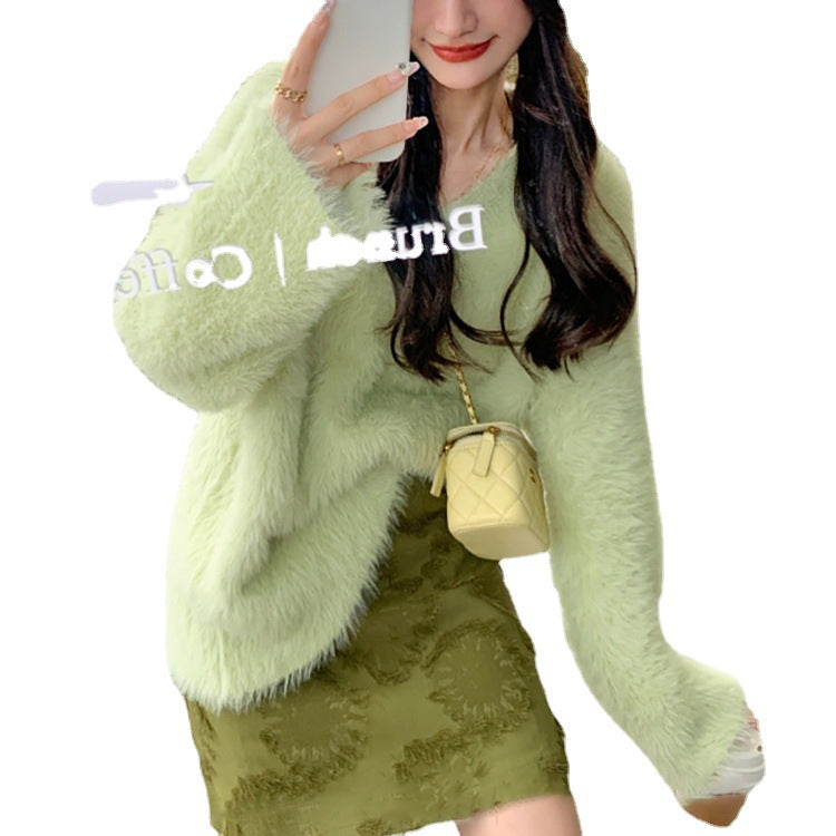Autumn And Winter New Marinade V Lame V-Neck Loose Soft-Creative Sweet Jacket Sweater Pure Color Lazy Wind Thick Top Woman
