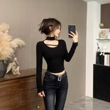 Pure Style Hot Girl Hanging Neck Long Sleeve Top Girl Autumn And Winter Thick De Velvet Design Sense Niche Hollow Bottom Shirt Top