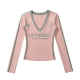 Autumn New Hottie Fashion Movement Color V Collar Tight Print Top Long-Sleeved T-Shirt Short Thin