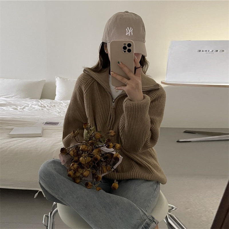 Autumn And Winter Pit Half Zipper Sweater Female Design Collar Soft Languid Lazy Outside Wearing Knitted Shirt Top
