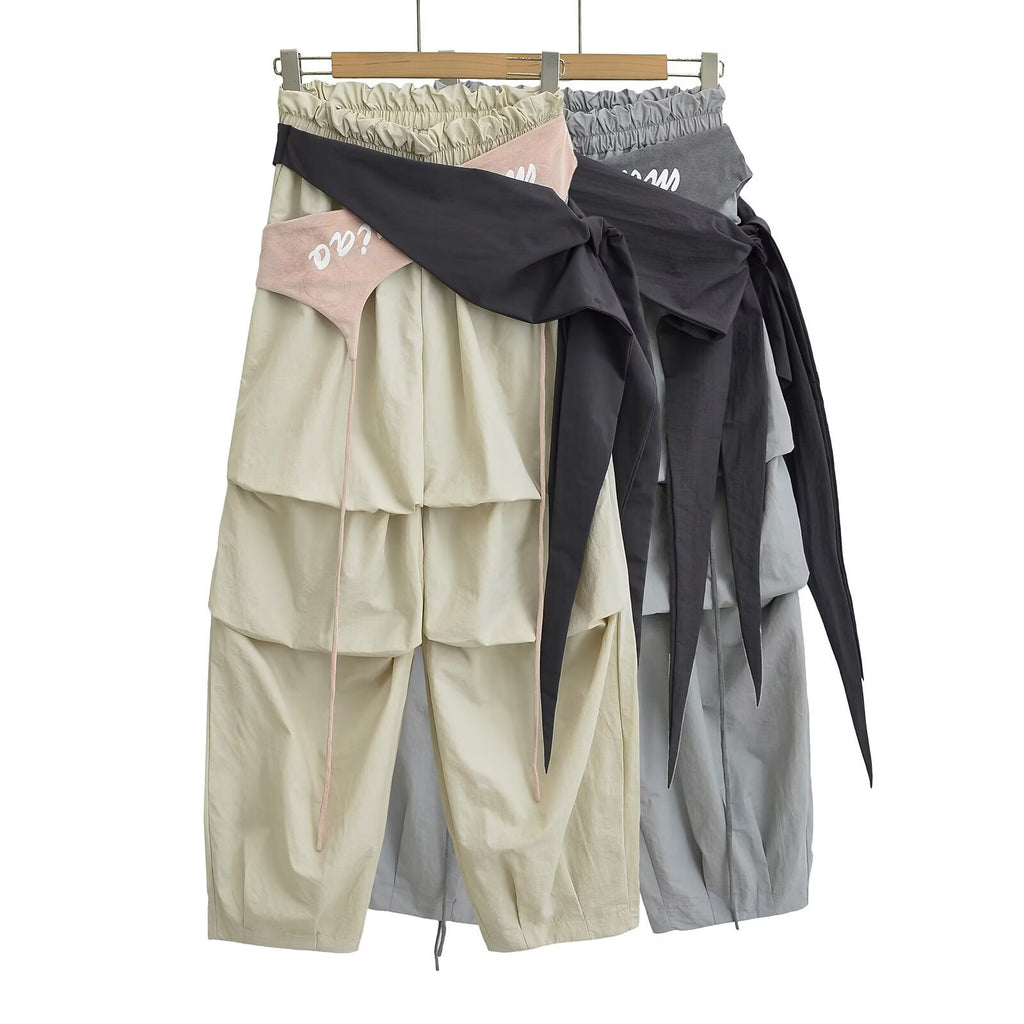Spring And Summer New Personality Niche Civeds Loose Broad Leg Trousers Two-Piece Strapping Rope Tooling