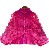 French Heavy Industry Nail Beads Three-Dimensional Flower Long-Sleeved Shirt Women Loose Thin Famous Lady Light Luxury Chic Lantern Sleeve Top