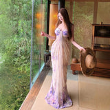Net Yarn Holiday Style Purple Broken Flower Sling Dress Female Summer Sexy Bare Backpack Hip Dress Is Beautiful