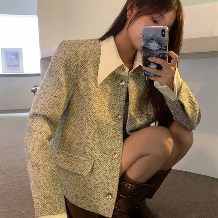 Fake Two POLO Collar Small Fragrant Coat 2026 Autumn And Winter New Short Temperament Coarse Flowers, High-End Short Top Woman