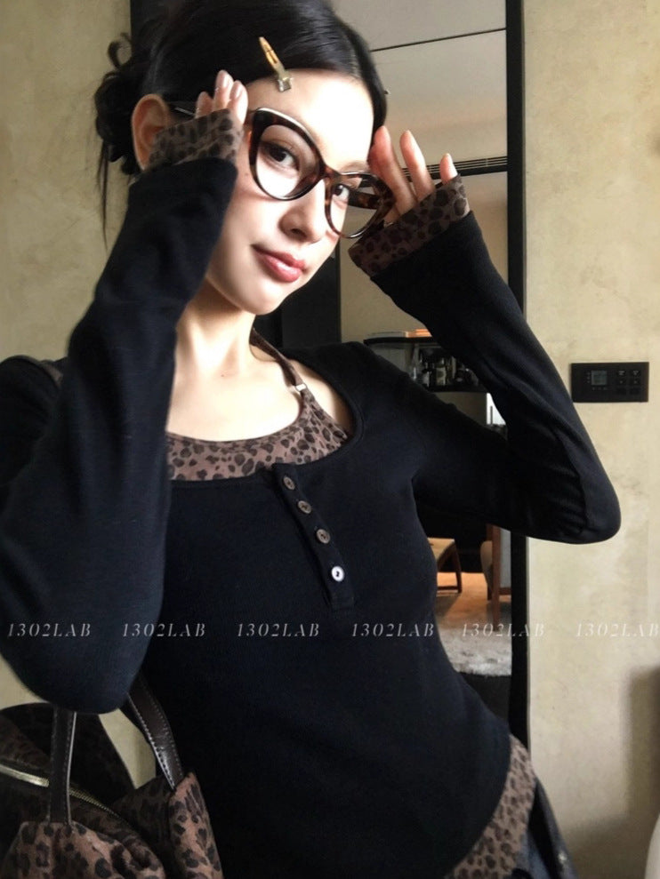 Vintage Sweet And Spicy Sexy Leopard Splicing Fake Two Hanging Neck Long Sleeve Bottom Slim Slim Top T-Shirt