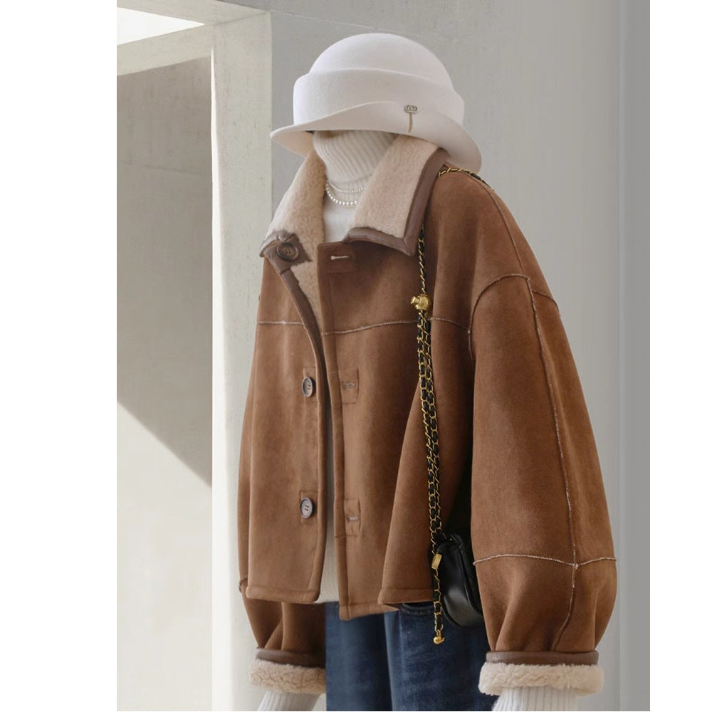 2026 New Two Sides Wearing A Curry Imitation Leather Jacket Women's Winter High-End Red Burst Lamb Wool Coat