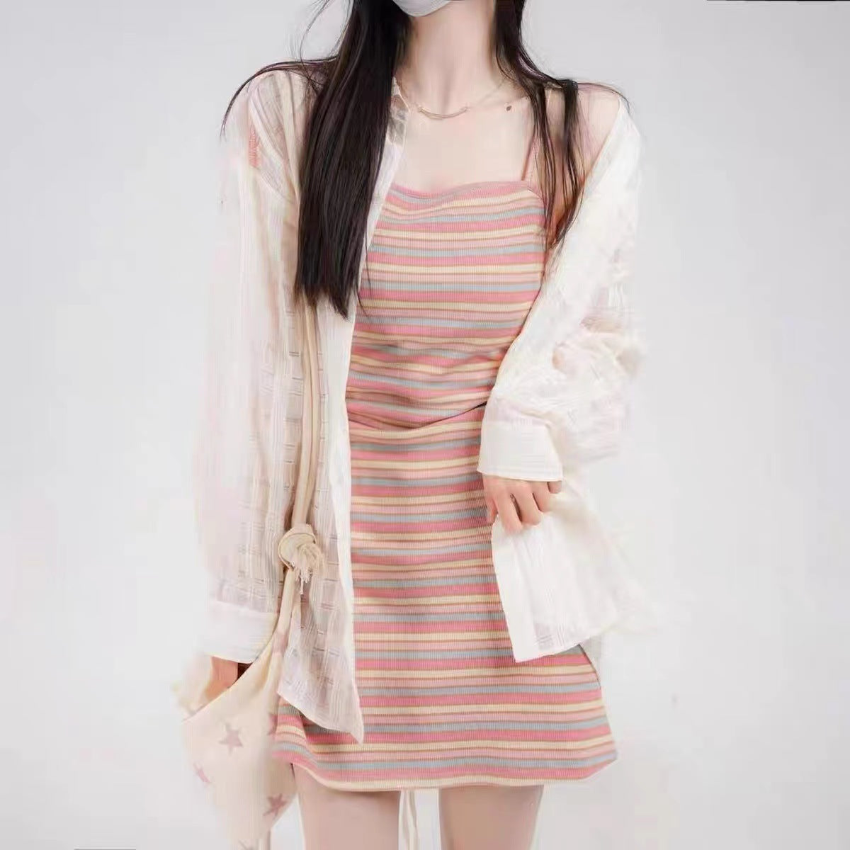 Rainbow Hanging Dress Women's Summer New French Mini-Designed Slimming Spice Girl Short Dress Set