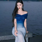 Blue Gradient Folding Boobs Dress Long High-End Feel Holiday Wind To Pack Hip Fishtail Skirt Woman Summer