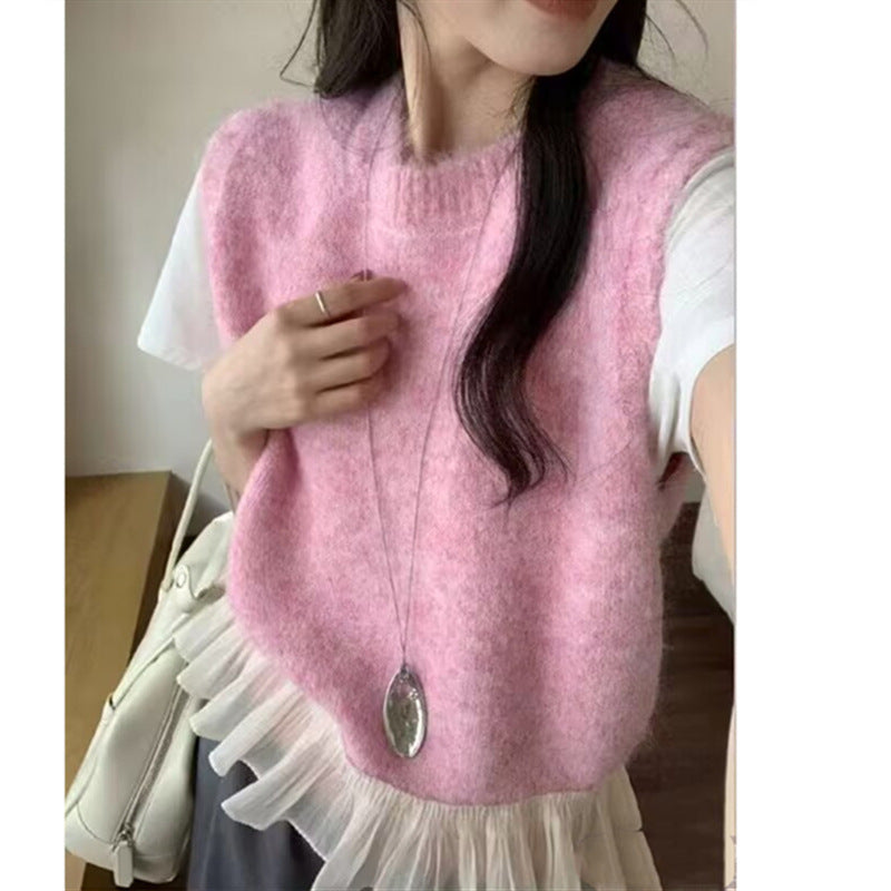 KANING Lotus Lace Splicing Knitting Vest 2026 Autumn Design Without Sleeveless Shoulder Folding Sweater Vest