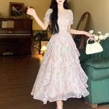 First Love French Style Collar Romantic Floral Spun Dress Women's Summer Large-Size Temperament To Close The Waist Thin Fairy Dress