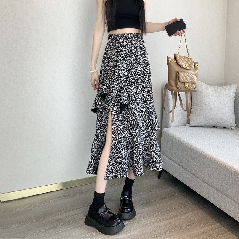 Stylish Street Breeze Flower Opening Skirt Dress Women Summer Design High Waist Hanging Feeling Irregular Long Skirt