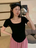 2026 Summer New Pure Windy U Collar Hottie Top Slimming Irregular Short-Sleeved T-Shirt Girl Ins