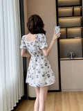French Collar Ink Painting Broken Flower Dress Summer New Small Super Fairy Waist Thin A Word Short Skirt