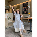 Blue Striped Short-Sleeved Shirt Dress Women's Summer 2025 New Korean Loose Long Folded Two-Piece