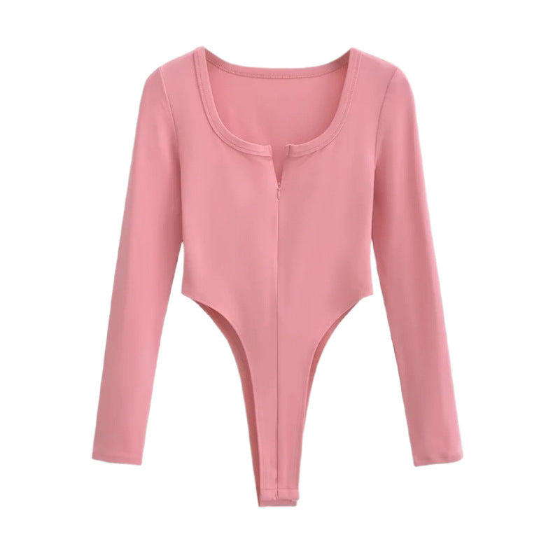 Women's Retro U-Neck Half-Neck Long-Sleeved Blouse Hottie Solid-Colored Sexy Bottom T-Shirt