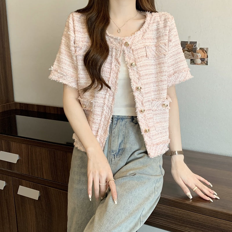 Temperament Short-Sized Fragrant Coat Summer New Coarse Flowers Tidly Short-Sleeved Top Woman