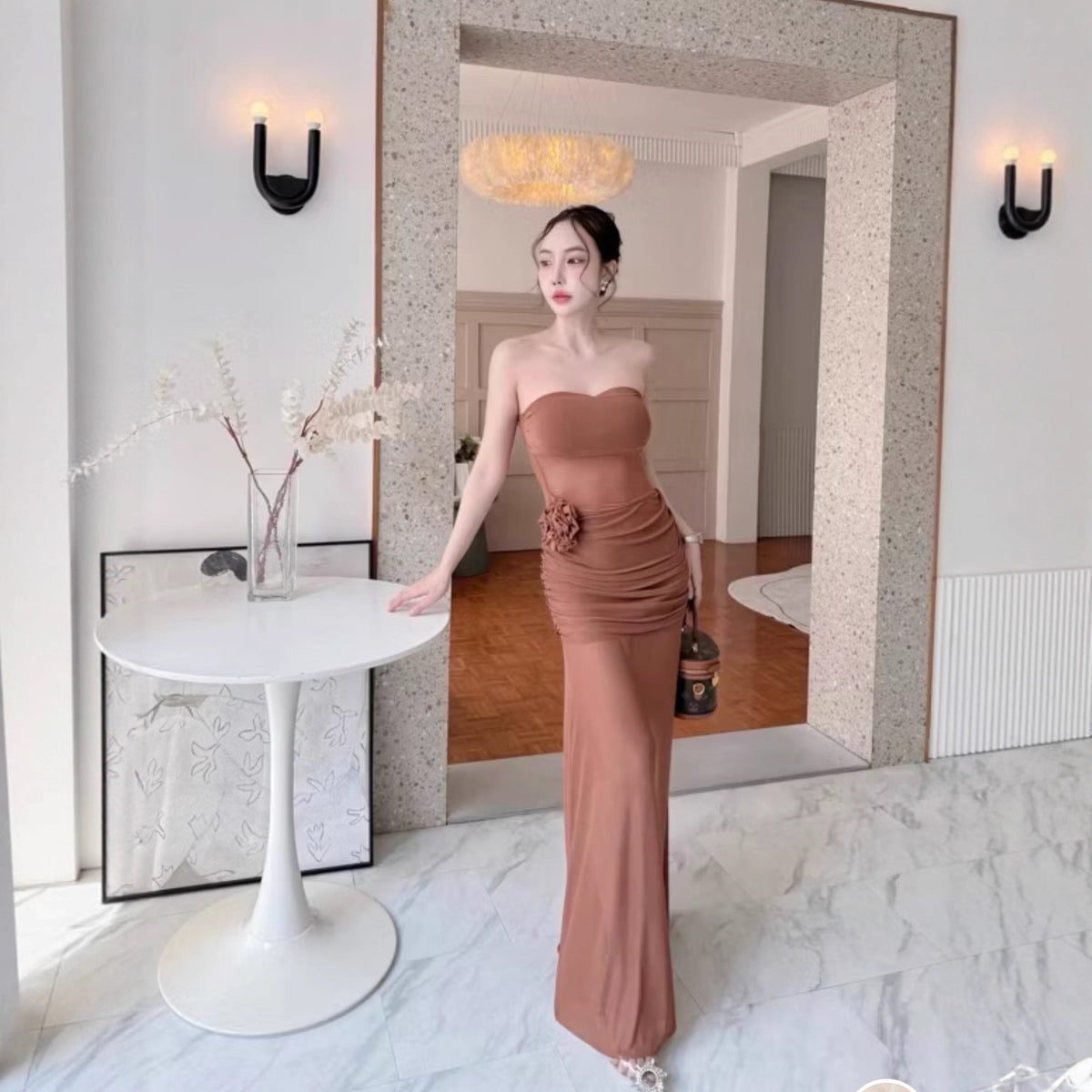 Bright Roses Sexy Perspective Braided Red Dress Femininity Slim Slimy Ass Long Dress