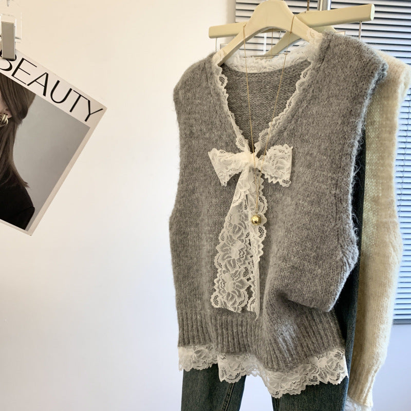 KANING Lace Bow V-Neck Sweater Vest 2026 Early Autumn New Women's Clothing Folded Sleeveless Knitted Top