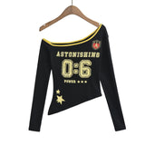Personality Hottie Autumn New Printed Collared Shoulder Bumpy Long-Sleeved T-Shirt Collared Asymmetrical Collar