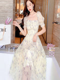 French Ink Painting Floral And Snowy Dress Bubble Sleeves Showing Thin Temperament Sweet Long Skirt Summer Women's Dress