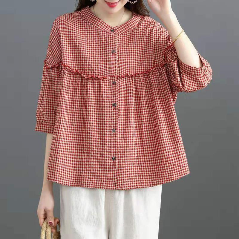 2025 New Imitation Cotton Shirt Women Seven-Point Sleeve Korean Version Of Loose Leisure Size Shirt Lined-Up Top