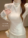 Dey-Ling Shirt Women's Clothing Autumn And Winter 2026 New Long-Sleeved White T-Shirt Women's Half-High Collar Top