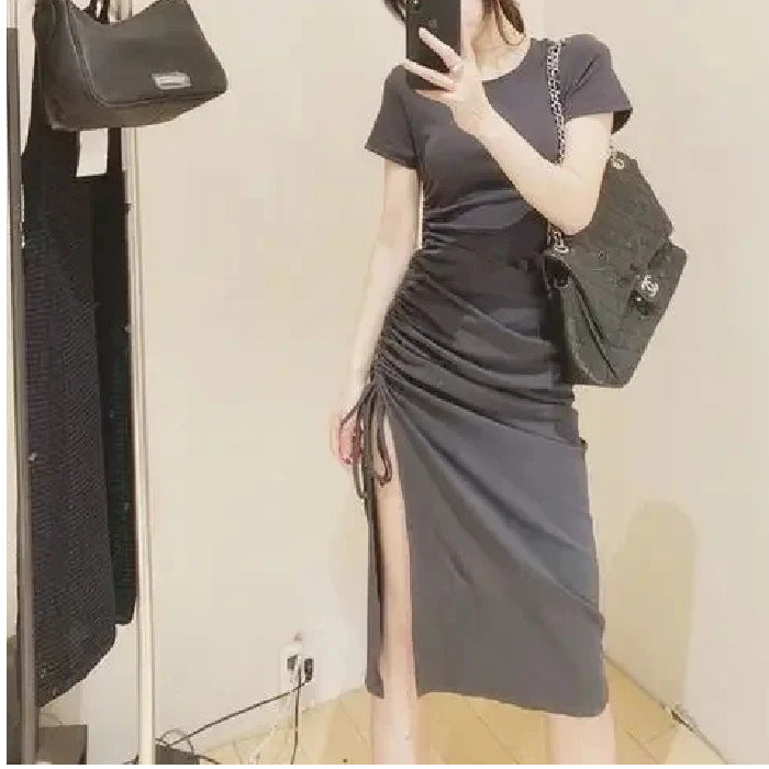 2025 New Summer Elastic Repair Arm Ion With Side Open Fork Long Dress Women's Short-Sleeved T-Shirt Drawer