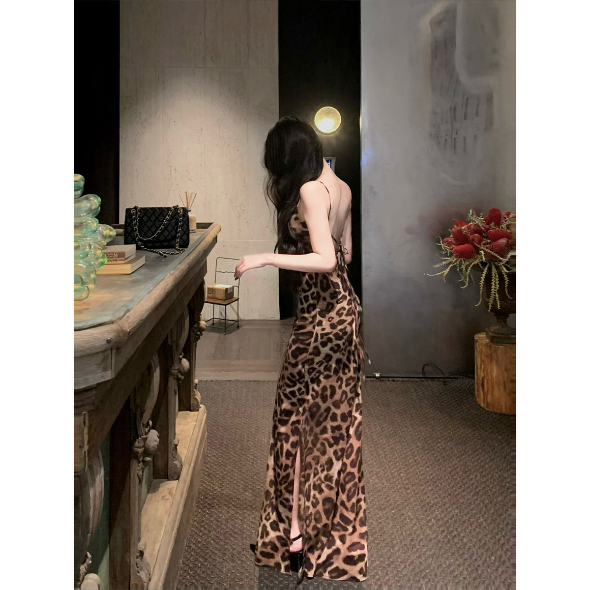 Spiced Leopard Slings With Ribbons With Dresses Women's Summer Pure Temperament With Thin Dress Open Fork Dress