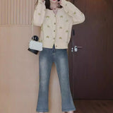 KANING Pentave Star Embroidery V-Neck Knitted Cardigan Women 2026 Autumn New Fashion Gentle Sweater Jacket Tide