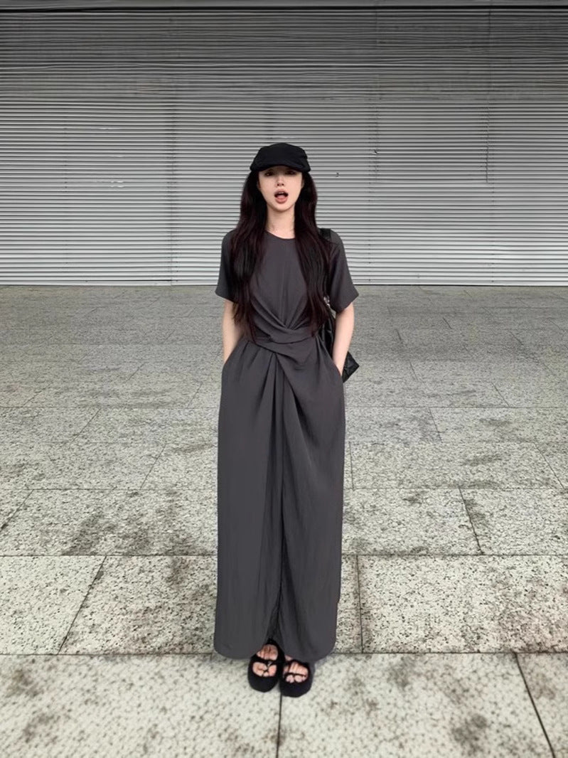 Small Design Cross-Tieed Short-Sleeved Dress Summer Femininity High-End Feeling Waist Thin A Word Long Skirt
