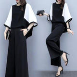 Fashion Spring And Summer Casual Style Set Splicing Color Loose Seven-Sleeve Round Neck T-Shirt Top + Wide Leg Pants