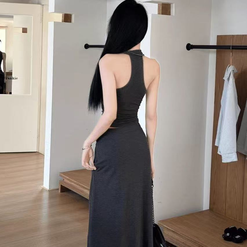 Summer Folded Vest V-Neck Top + Dating Solid-Colored Ass Hip Skirt Long Dress