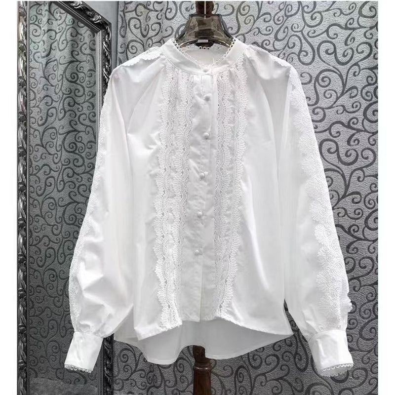 European Goods Spring New High-End Lightweight Design Lace Wood Ear Splicing Single Buckle Temperament Shirt