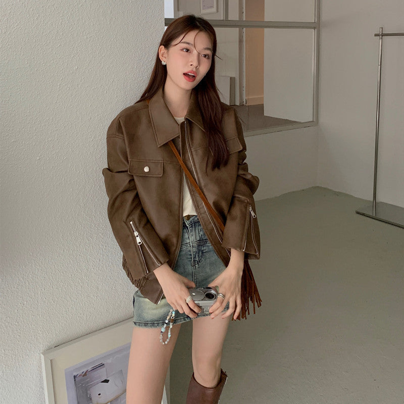 2026 Spring And Autumn Vintage Curry Leather Jacket Jacket Old Money Coat Woman Merard Wear