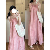 Solid Color Exposed Shoulder Hanging Neck Folded Sling Dress Women's Summer Loose Waist Thin Seaside Holiday Dress