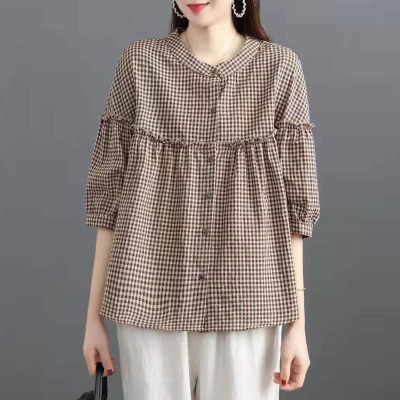 2025 New Imitation Cotton Shirt Women Seven-Point Sleeve Korean Version Of Loose Leisure Size Shirt Lined-Up Top