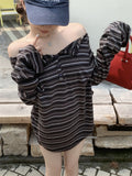 Lazy Wind Collared Shoulder-Striped Women's Spring And Autumn Long-Sleeved Loose T-Shirt Retro Wasteland Casual Blouse