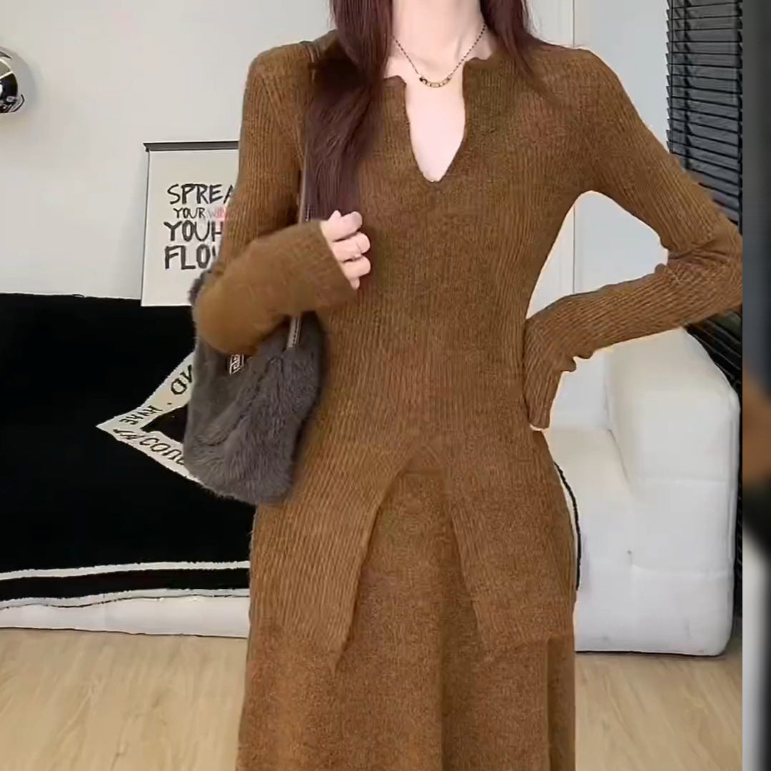KANING Elegant Open Fork Bottom Sweater Half-Dress Two Sets 2026 Autumn New Fashion Knitting Suit Woman