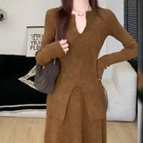 KANING Elegant Open Fork Bottom Sweater Half-Dress Two Sets 2026 Autumn New Fashion Knitting Suit Woman