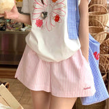 Pink Embroidery Striped Shorts Wide-Legged Women's Summer New High-Waisted Casual A-Word Sweatpants Three-Dimensional Waist Whole Piece Inside