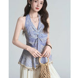 Summer Sexy Sister Wind Hanging Neck Tuxed Back Twistry Tucked Tucking Blouse Tucking Shirt