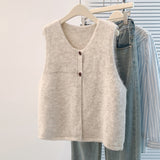 Real-A-Shoot Wool-Blend Two-Grained Collared Vest Solid Color Commuter Laminated Waistless Shoulder Woman