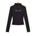 Hottie Autumn Hot Diamond Half High-Neck Long Sleeve Tight Short T-Shirt Solid Simple Top