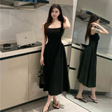 Gentle Wind-Fangd Tie Sling Solid-Colored Dress Summer Women French Height Waist Temperament Over The Knee Long Skirt