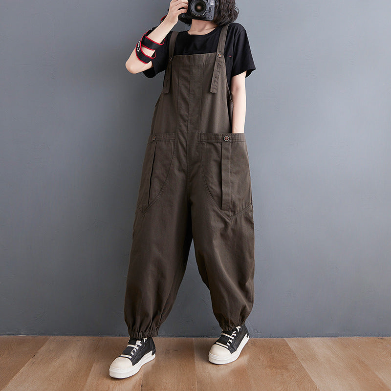 Loose Literature And Art Casual Back Pants Fat Sister Large Size Women's Summer Solid Color Big Pocket Workwear Harlan Pants