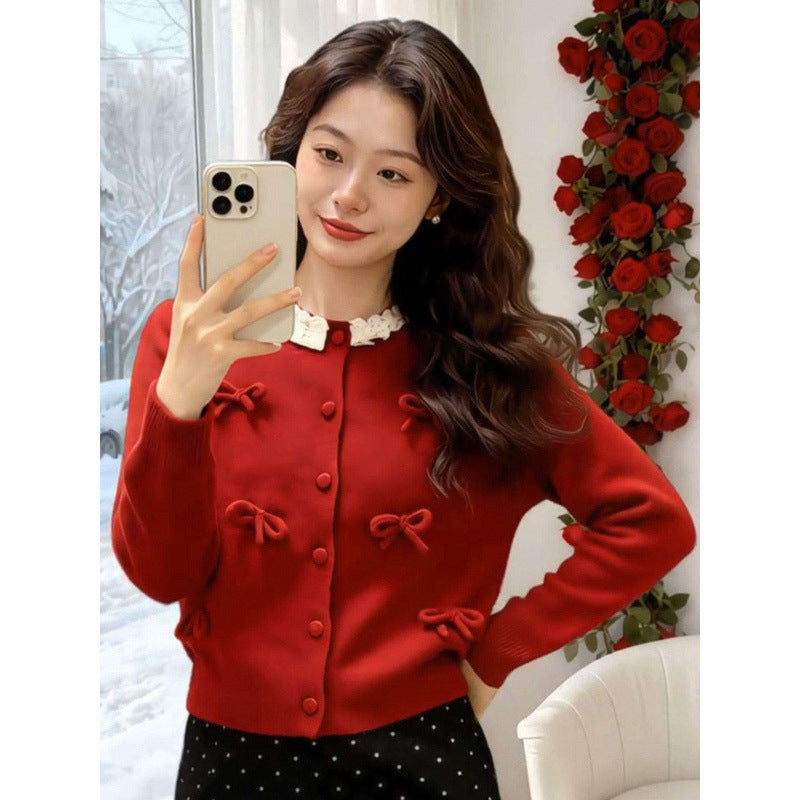 KANING New Year Red Butterfly Knit 2026 Spring New Lace Round-Neck Long Sleeve Sweater