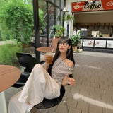 40 Pure Cotton Ribs Niche Design With Slanted Shoulder Short-Sleeved T-Shirt For Girls Summer Hottie Body-On-Striped Blouse
